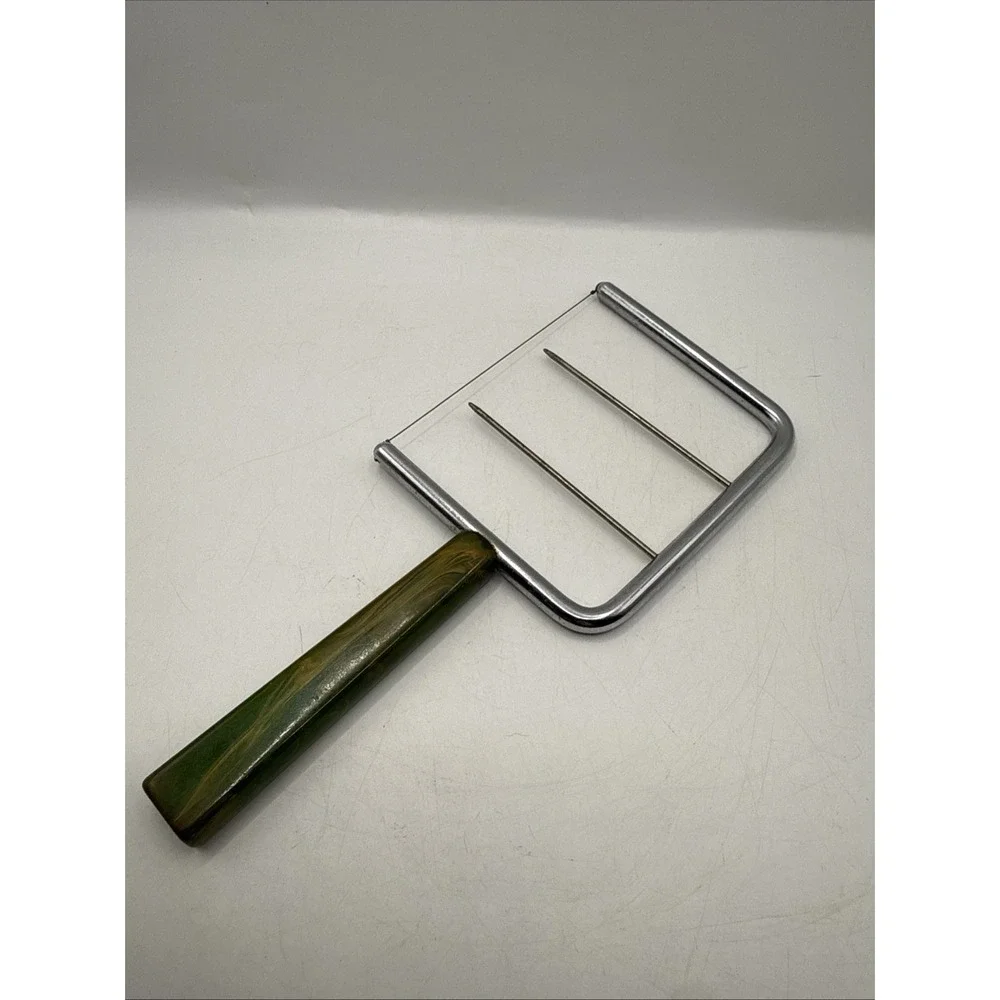 Vintage Green Swirl Bakelite Handle Wire Cheese Slicer Cutter 7.25